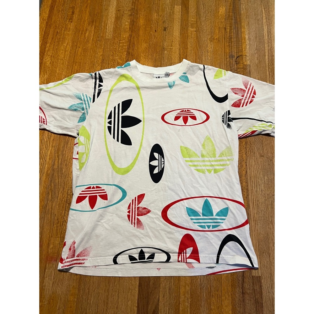 Adidas Originals Men Large White All Over Multi Color Logo Print Tee Shirt